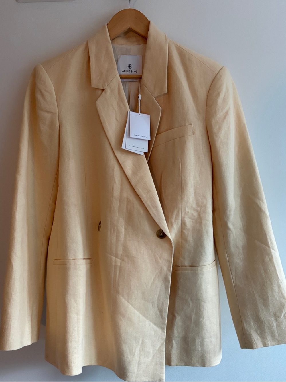Anine Bing Cream Double-Breasted Linen Blazer
